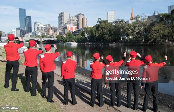 The world famous bell boys from the luxury cruise line Cunard sightseeing beside the Yarra River on February 18, 2018 in Melbourne, Australia. Cunard...