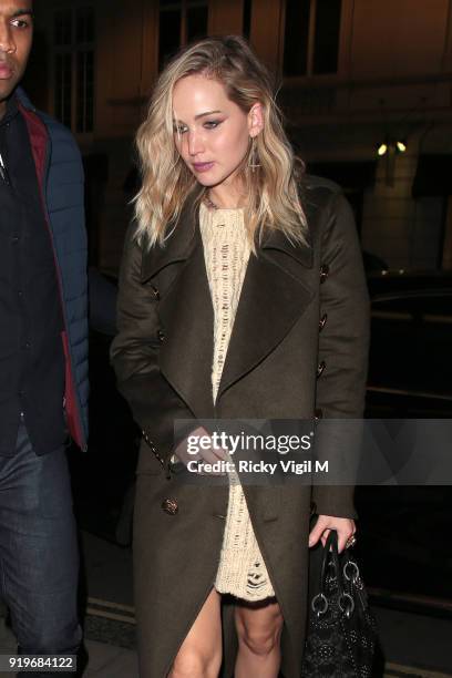 Jennifer Lawrence arrives back at her hotel after a night out at Chiltern Firehouse on February 17, 2018 in London, England.