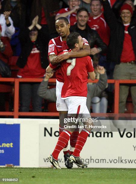 Dexter Blackstock of Forest celebrates his goal with Paul Anderson during the Coca-Cola League Championship match between Nottingham Forest and...