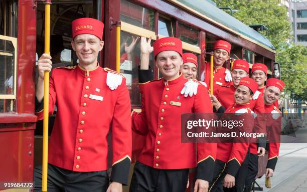 The world famous bell boys from the luxury cruise line Cunard sightseeing around the city trams on February 18, 2018 in Melbourne, Australia. Cunard...