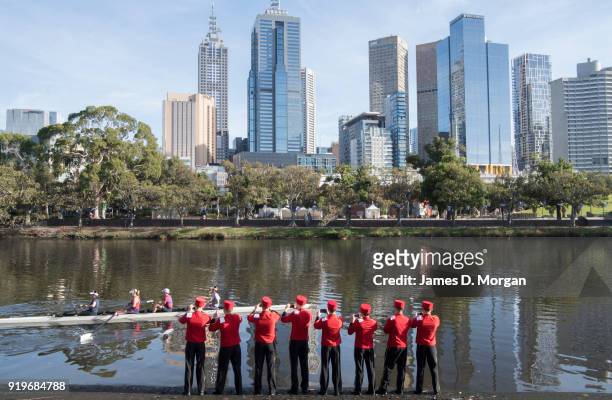 The world famous bell boys from the luxury cruise line Cunard sightseeing beside the Yarra River on February 18, 2018 in Melbourne, Australia. Cunard...