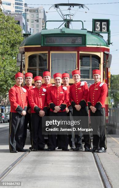 The world famous bell boys from the luxury cruise line Cunard sightseeing around the city trams on February 18, 2018 in Melbourne, Australia. Cunard...