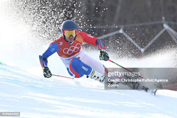 Mathieu Faivre of France in action during the Alpine Skiing Men's Giant Slalom at Yongpyong Alpine Centre on February 18, 2018 in Pyeongchang-gun,...