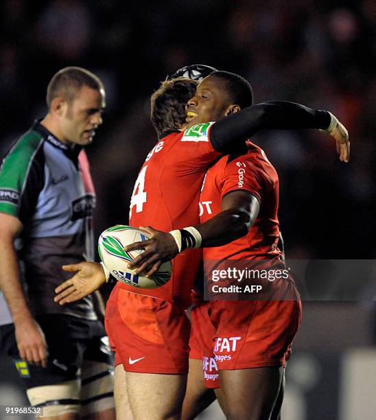 Yves Donguy from Toulouse celebrates a try against Harlequins at the Twickenham Stoop in London, on October 17 during a European Cup rugby union...