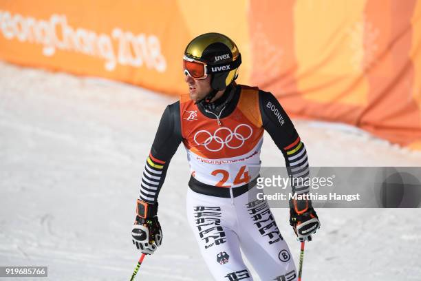 Fritz Dopfer of Germany reacts at the finish during the Alpine Skiing Men's Giant Slalom on day nine of the PyeongChang 2018 Winter Olympic Games at...