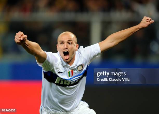 Esteban Cambiasso of FC Internazionale Milano celebrates after the first goal the Serie A match between Genoa CFC and FC Internazionale Milano at...