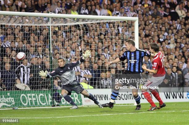 Kevin Nolan of Newcastle scores but the goal is disallowed for offside during the Coca-Cola League Championship match between Nottingham Forest and...