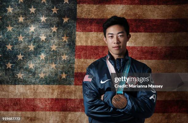 United States Men's Figure Skater Nathan Chen poses for a portrait with his bronze medal in the team event on the Today Show Set on February 17, 2018...