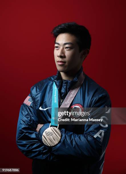 United States Men's Figure Skater Nathan Chen poses for a portrait with his bronze medal in the team event on the Today Show Set on February 17, 2018...