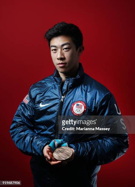 United States Men's Figure Skater Nathan Chen poses for a portrait with his bronze medal in the team event on the Today Show Set on February 17, 2018...