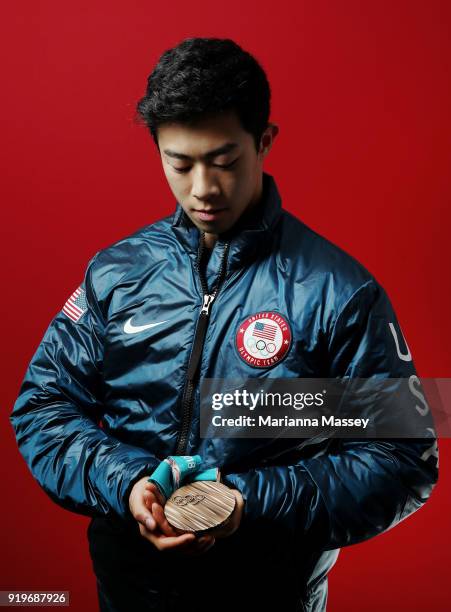 United States Men's Figure Skater Nathan Chen poses for a portrait with his bronze medal in the team event on the Today Show Set on February 17, 2018...