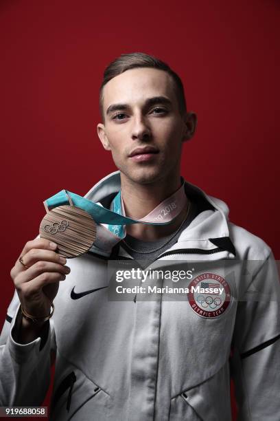 United States Men's Figure Skater Adam Rippon poses for a portrait with his Bronze medal for the team event on the Today Show Set on February 17,...