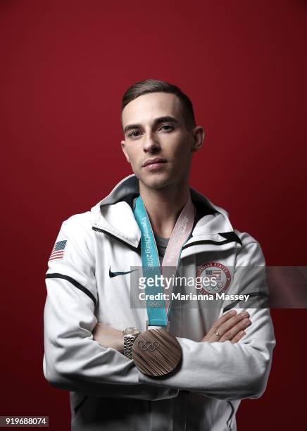 United States Men's Figure Skater Adam Rippon poses for a portrait with his Bronze medal for the team event on the Today Show Set on February 17,...
