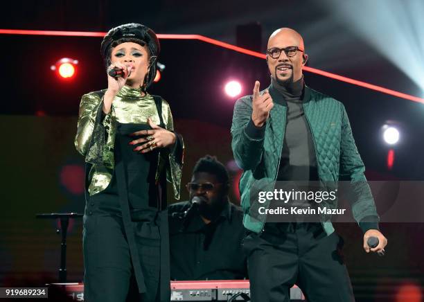 Andra Day and Common perform onstage during the 2018 State Farm All-Star Saturday Night at Staples Center on February 17, 2018 in Los Angeles,...