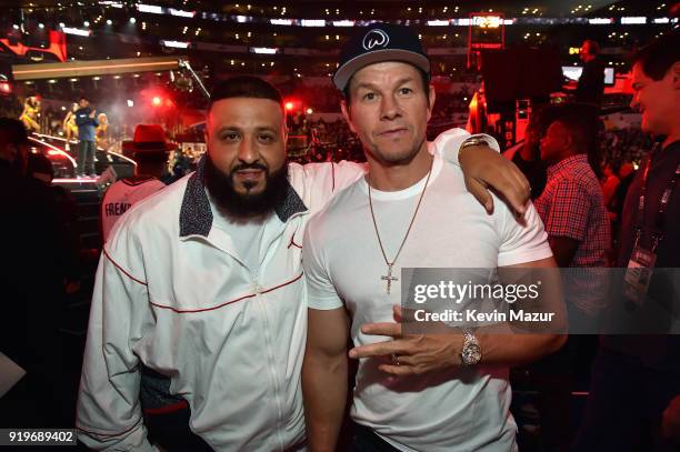 Khaled and Mark Wahlberg attend the 2018 State Farm All-Star Saturday Night at Staples Center on February 17, 2018 in Los Angeles, California.