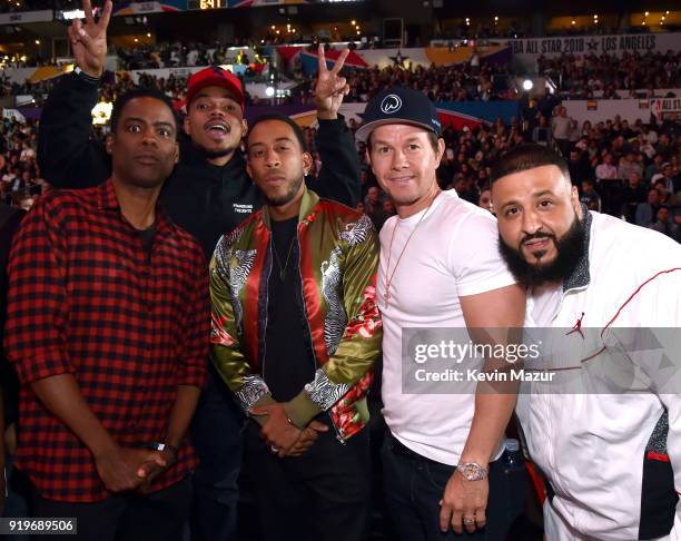 Chris Rock, Chance The Rapper, Ludacris, Mark Wahlberg and DJ Khaled attend the 2018 State Farm All-Star Saturday Night at Staples Center on February...