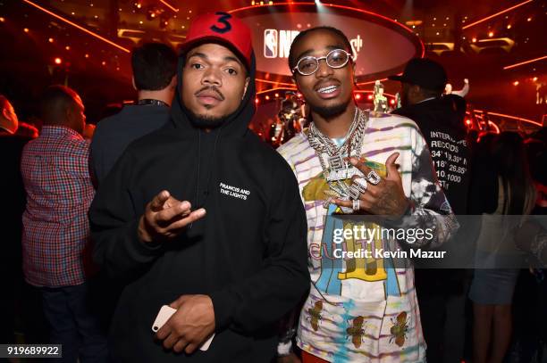 Chance The Rapper and Quavo of Migos attend the 2018 State Farm All-Star Saturday Night at Staples Center on February 17, 2018 in Los Angeles,...