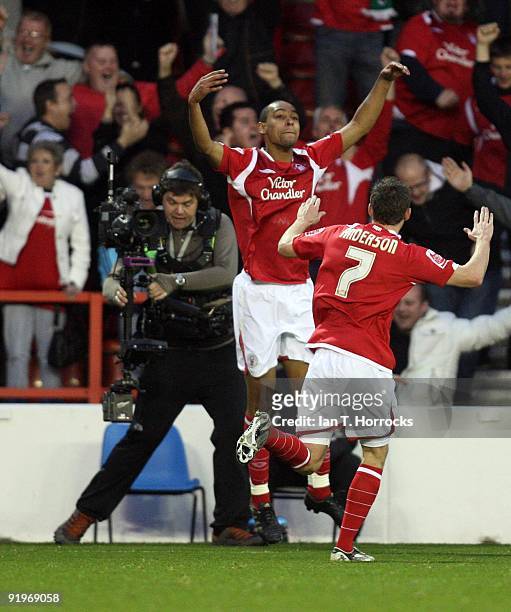 Dexter Blackstock of Forest celebrates his goal with Paul Anderson during the Coca-Cola League Championship match between Nottingham Forest and...