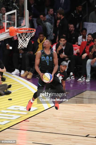 Dennis Smith Jr. #1 of the Dallas Mavericks dunks the ball during the Verizon Slam Dunk Contest during State Farm All-Star Saturday Night as part of...