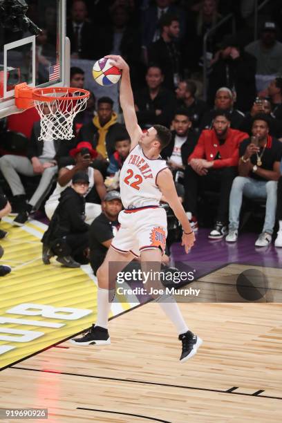 Larry Nance Jr. #24 of the Cleveland Cavaliers dunks the ball during the Verizon Slam Dunk Contest during State Farm All-Star Saturday Night as part...