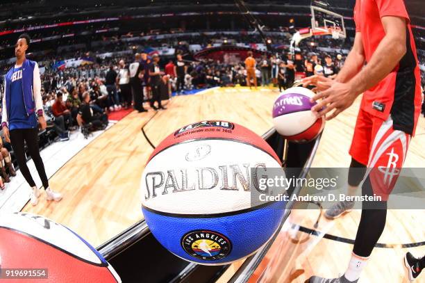 A general view of the ball during the JBL Three-Point Contest during State Farm All-Star Saturday Night as part of the 2018 NBA All-Star Weekend on...