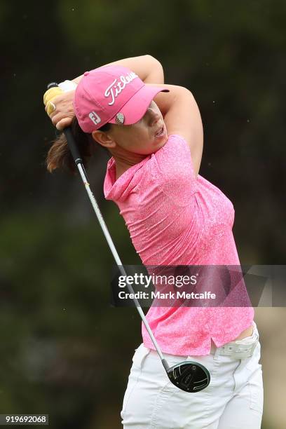 Karine Icher of France plays her second shot on the 1st hole during day four of the ISPS Handa Australian Women's Open at Kooyonga Golf Club on...