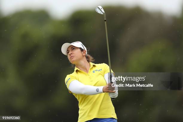 Marina Alex of the United States plays her approach shot on the 1st hole during day four of the ISPS Handa Australian Women's Open at Kooyonga Golf...