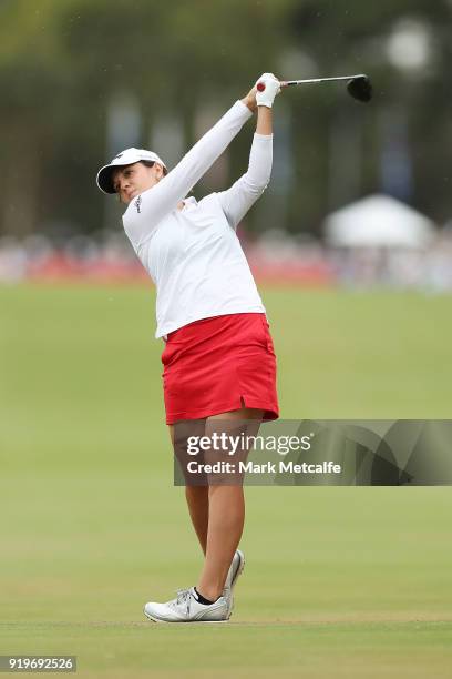 Emma Talley of the United States plays her second shot on the 1st hole during day four of the ISPS Handa Australian Women's Open at Kooyonga Golf...