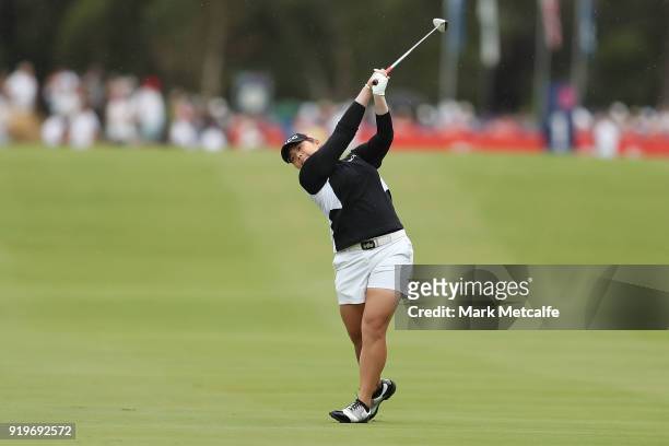 Ariya Jutanugarn of Thailand plays her second shot on the 1st hole during day four of the ISPS Handa Australian Women's Open at Kooyonga Golf Club on...