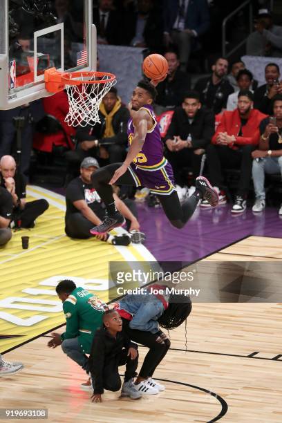 Donovan Mitchell of the Utah Jazz dunks the ball during the Verizon Slam Dunk Contest during State Farm All-Star Saturday Night as part of the 2018...