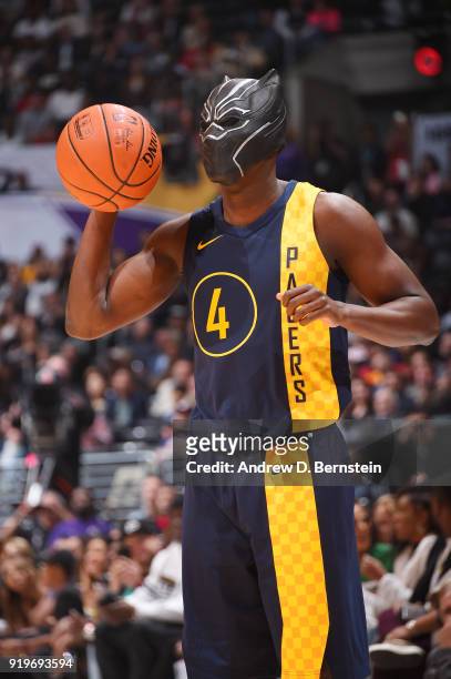 Victor Oladipo of the Indiana Pacers dunks the ball during the Verizon Slam Dunk Contest during State Farm All-Star Saturday Night as part of the...