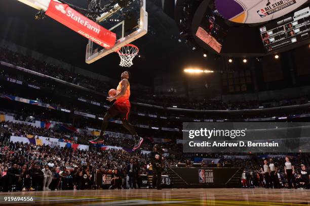 Donovan Mitchell of the Utah Jazz dunks the ball during the Verizon Slam Dunk Contest during State Farm All-Star Saturday Night as part of the 2018...