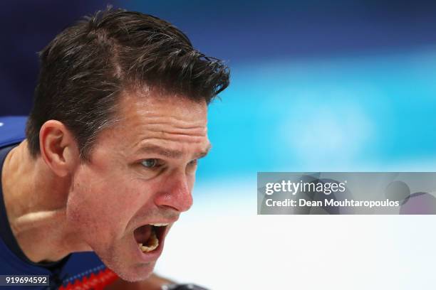 Thomas Ulsrud of Norway screams instructions to a team member during the Curling round robin session 7 on day nine of the PyeongChang 2018 Winter...