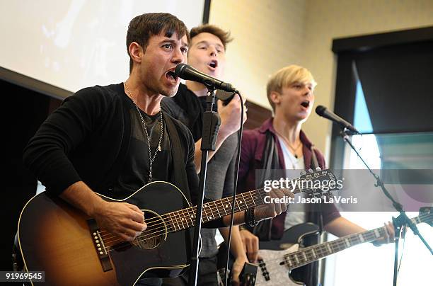 Michael Bruno, Alexander Noyes and Andrew Lee of Honor Society perform at Barnes & Noble bookstore at The Grove on October 17, 2009 in Los Angeles,...