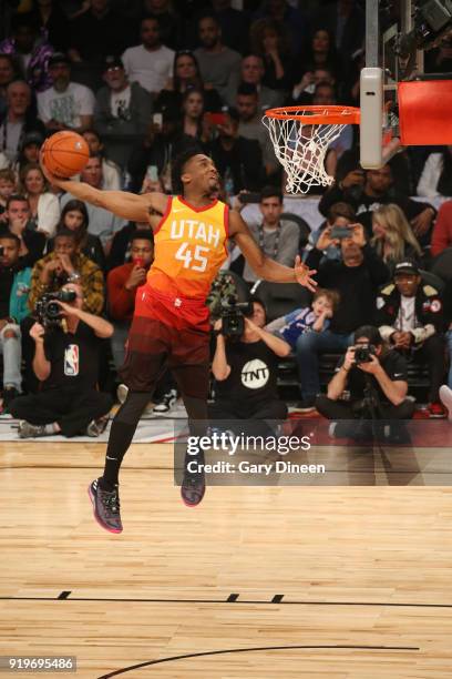 Donovan Mitchell of the Utah Jazz dunks the ball during the Verizon Slam Dunk Contest during State Farm All-Star Saturday Night as part of the 2018...