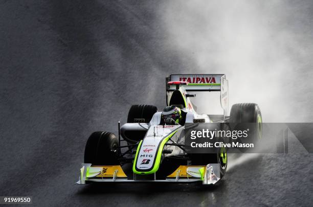 Jenson Button of Great Britain and Brawn GP drives during qualifying for the Brazilian Formula One Grand Prix at the Interlagos Circuit on October...