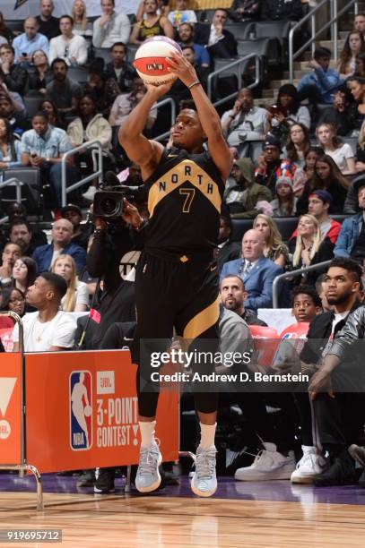 Kyle Lowry of the Toronto Raptors shoots the ball during the JBL Three-Point Contest during State Farm All-Star Saturday Night as part of the 2018...