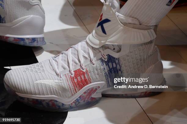 The sneakers worn by Klay Thompson of the Golden State Warriors are seen during the JBL Three-Point Contest during State Farm All-Star Saturday Night...