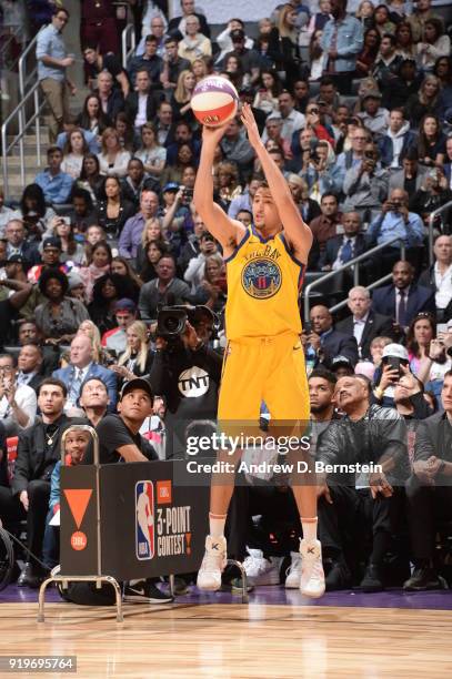 Klay Thompson of the Golden State Warriors shoots the ball during the JBL Three-Point Contest during State Farm All-Star Saturday Night as part of...