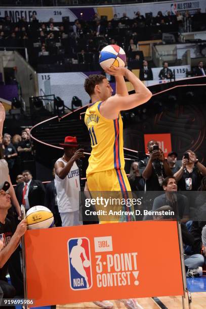 Klay Thompson of the Golden State Warriors shoots the ball during the JBL Three-Point Contest during State Farm All-Star Saturday Night as part of...
