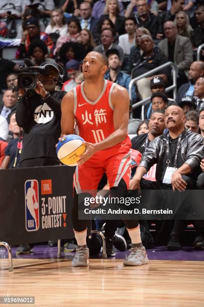 Eric Gordon of the Houston Rockets shoots the ball during the JBL Three-Point Contest during State Farm All-Star Saturday Night as part of the 2018...