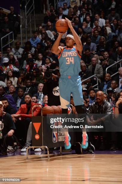 Tobias Harris of the LA Clippers shoots the ball during the JBL Three-Point Contest during State Farm All-Star Saturday Night as part of the 2018 NBA...