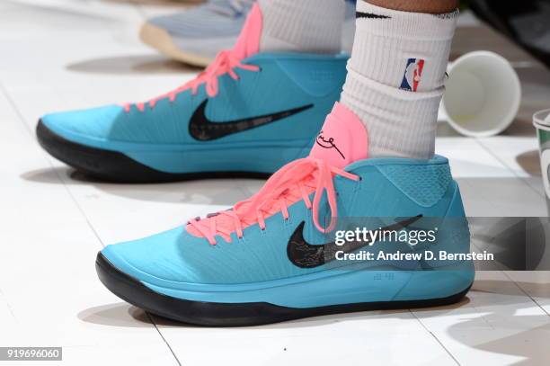 The sneakers worn by Tobias Harris of the LA Clippers are seen during the JBL Three-Point Contest during State Farm All-Star Saturday Night as part...
