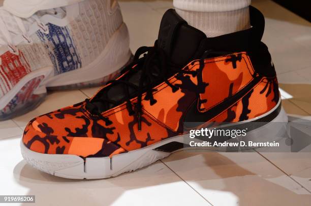 The sneakers worn by Devin Booker of the Phoenix Suns are seen during the JBL Three-Point Contest during State Farm All-Star Saturday Night as part...