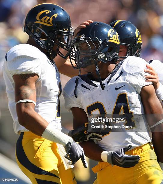 Running back Shane Vereen of the California Golden Bearscelebrates with side receiver Marvin Jones after runnning for a 42 yard touchdown in the...