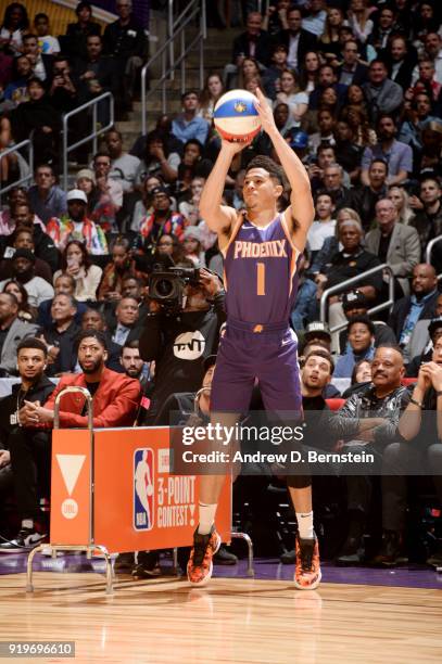 Devin Booker of the Phoenix Suns shoots the ball during the JBL Three-Point Contest during State Farm All-Star Saturday Night as part of the 2018 NBA...