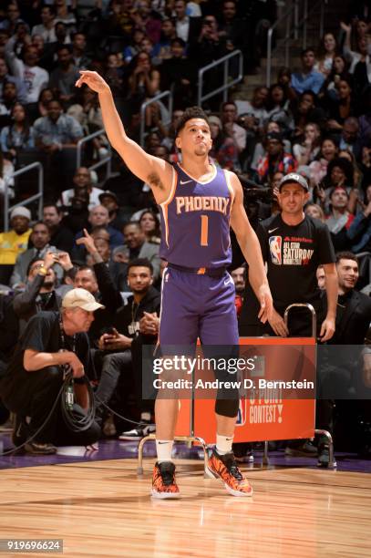Devin Booker of the Phoenix Suns shoots the ball during the JBL Three-Point Contest during State Farm All-Star Saturday Night as part of the 2018 NBA...