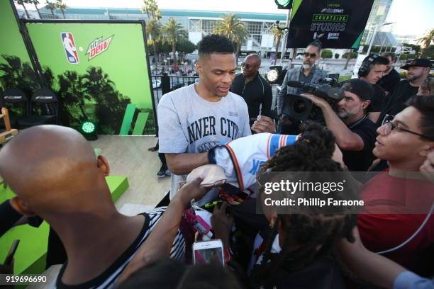 Oklahoma City Thunder guard, Russell Westbrook hangs out with fans at Mtn Dew Kickstart Courtside Studios at NBA All-Star 2018 in Los Angeles,...