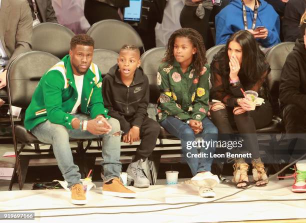 Kevin Hart, Hendrix Hart, Heaven Hart and Eniko Parrish attend The 2018 State Farm All-Star Saturday Night at Staples Center on February 17, 2018 in...