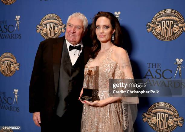 Dean Semler presents the Board of Governors award to Angelina Jolie during the 32nd Annual American Society Of Cinematographers Awards at The Ray...